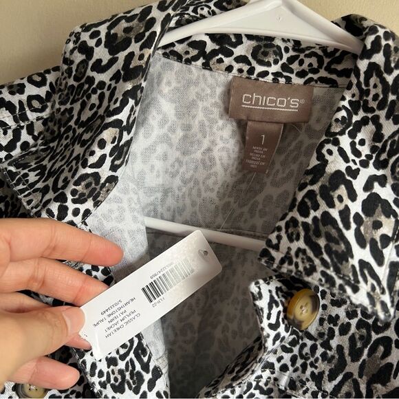 Chicos Classic Cheetah Peplum Button Denim Jacket Heatherstone Taupe NWT - Picture 2 of 5